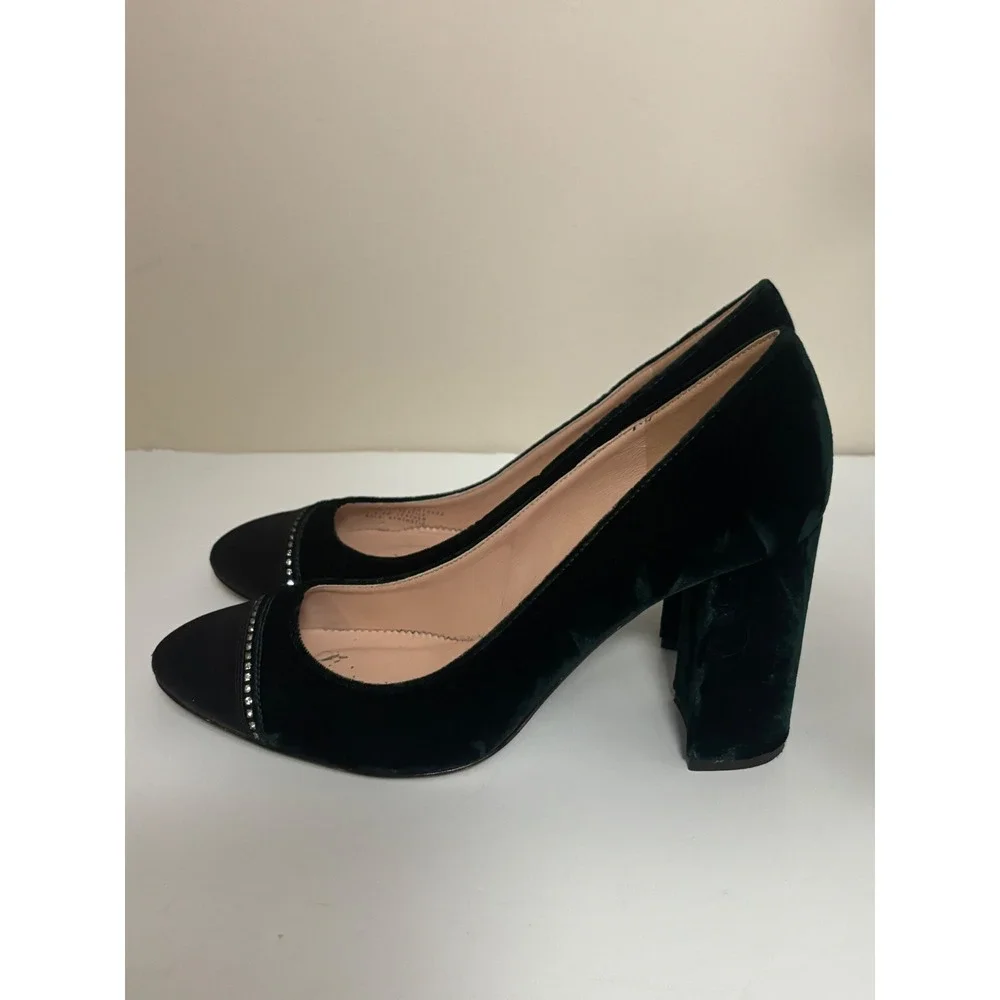 J. Crew Green Velvet Cap Toe Block Heel Pumps Crystal Embellished Size 9 Italy